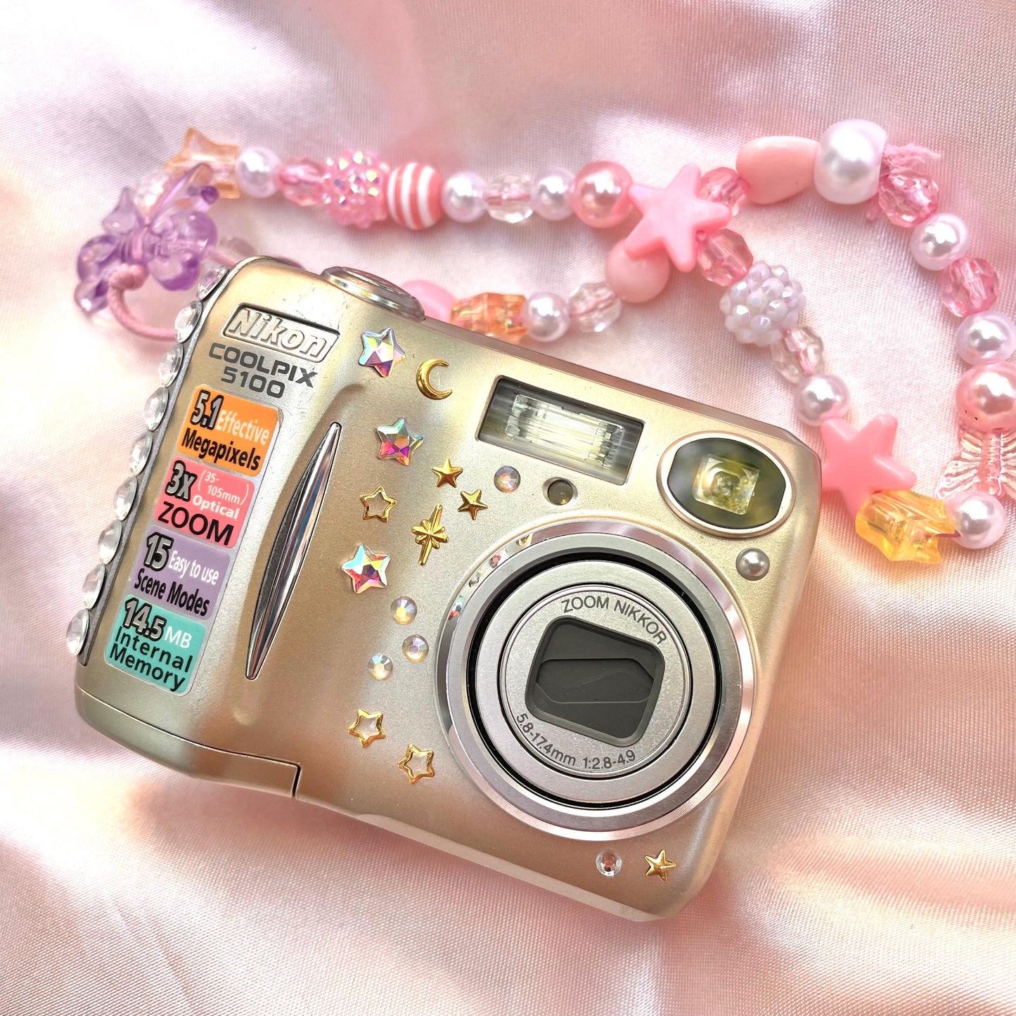 Nikon Coolpix E5100 cute y2k aesthetic bejewelled digicam with beaded strap PreOwned