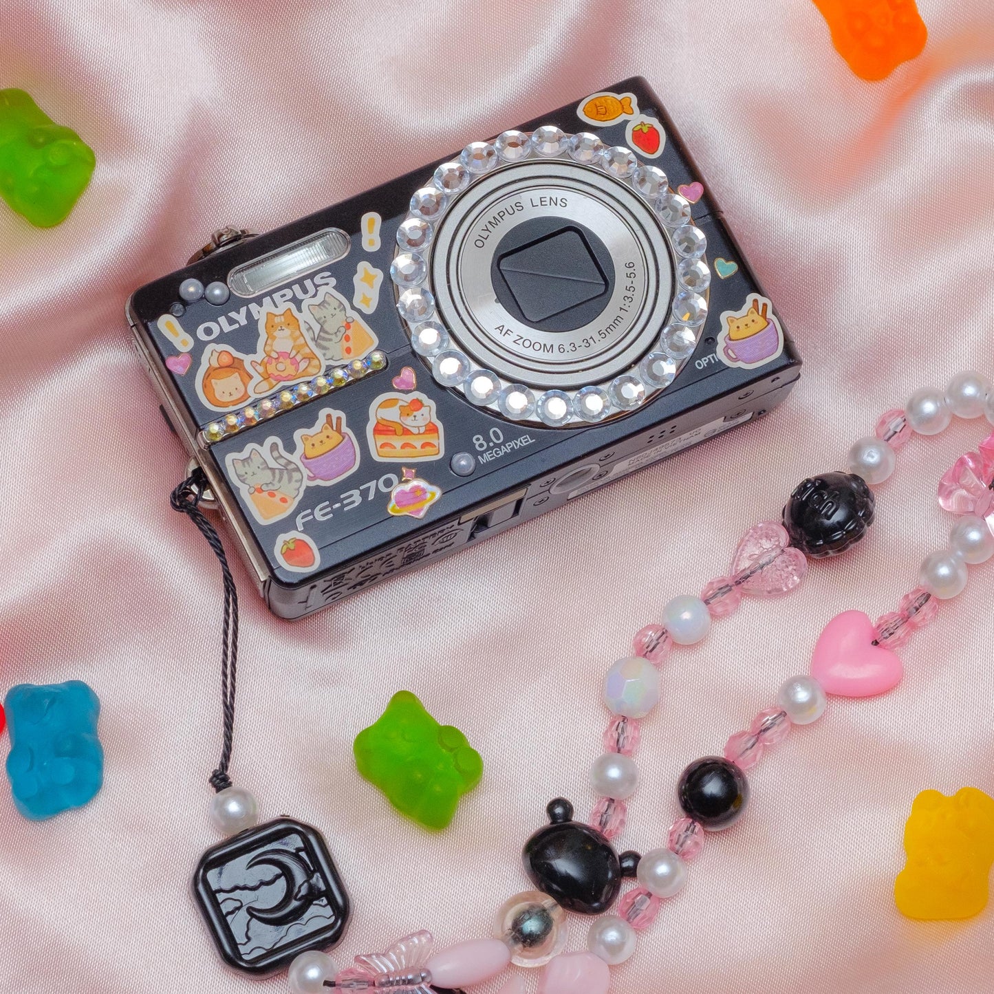 Cute y2k aesthetic decorated digicam Olympus FE 370 with beaded strap PreOwned