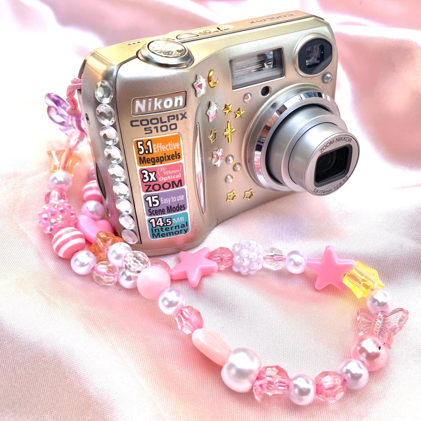 Nikon Coolpix E5100 cute y2k aesthetic bejewelled digicam with beaded strap PreOwned